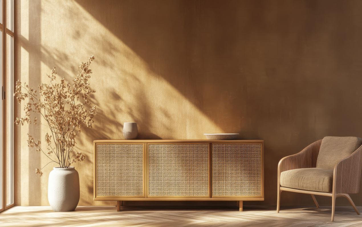 Lichtdurchfluteter Raum mit einem warmen Holz-Sideboard, Rattan-Fronten und natürlichen Dekoelementen für ein gemütliches Boho-Ambiente.